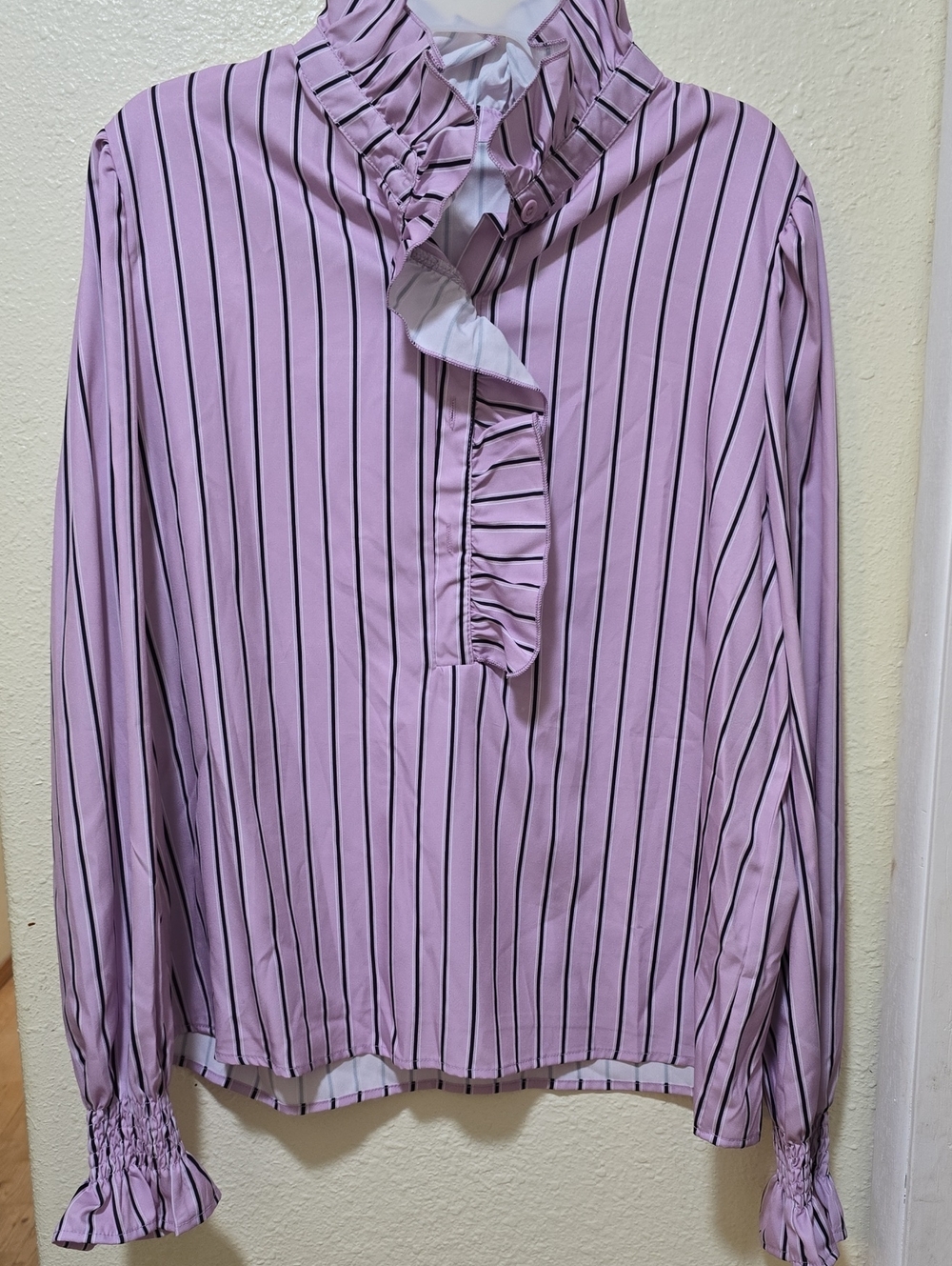 Striped Lavender Ruffle Neck Blouse